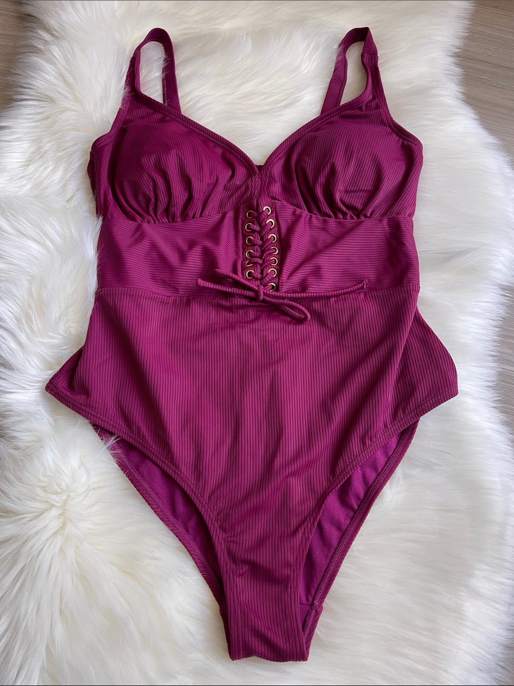 One-Piece Women’s Swimsuit in Deep Magenta with Lace-Up Front